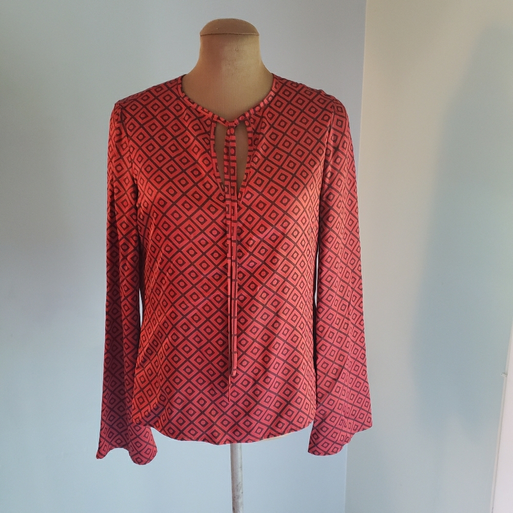 Tory Burch Red & Black Long Sleeve Silk Blouse -2